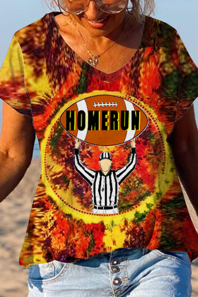 Trendy Hippie Tie-dye With A Fun Football Home Run Graphic V Neck T-shirt