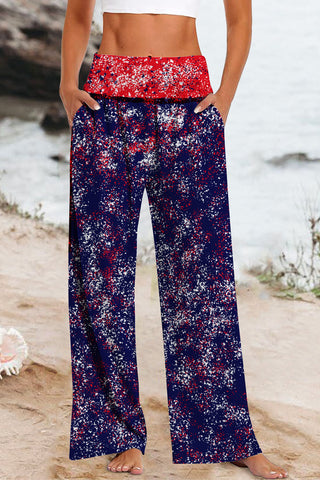 Red & Blue Contrasting Love & Peace Football Printed High Waisted Baggy Pants with Pockets