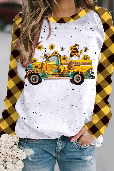 Western Gnomes Truck With Bees And Sunflowers Plaid Print Sweatshirt
