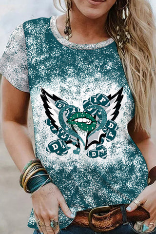 Green And Gray Team Colors Love Lips And Wings Football Round Neck T-shirt Short Sleeve Top