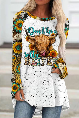 Don't Be A Salty Heifer Long Haired Cow Western Leopard Sunflower Turquoise Print Loose Tunic