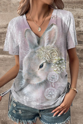 3D Vintage Pink Easter Bunny With Wreath Earring Printed V Neck T-Shirt