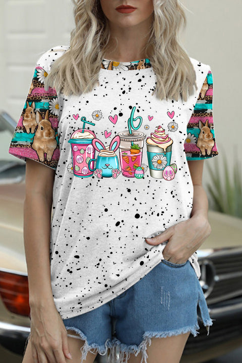 Easter Bunny Coffee Ice Cream Cups With Daisies Western Rhinestone Polka Dots O-neck Short Sleeve T-shirt