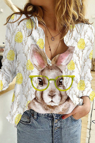 Cute Easter Bunny With Glasses In Easter Eggs Forest Printed Long Sleeve Shirt