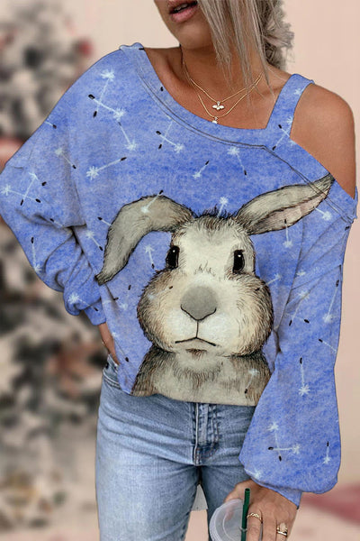 Cute Easter Bunny With Glasses In Easter Eggs Forest Printed Off Shoulder Blouse
