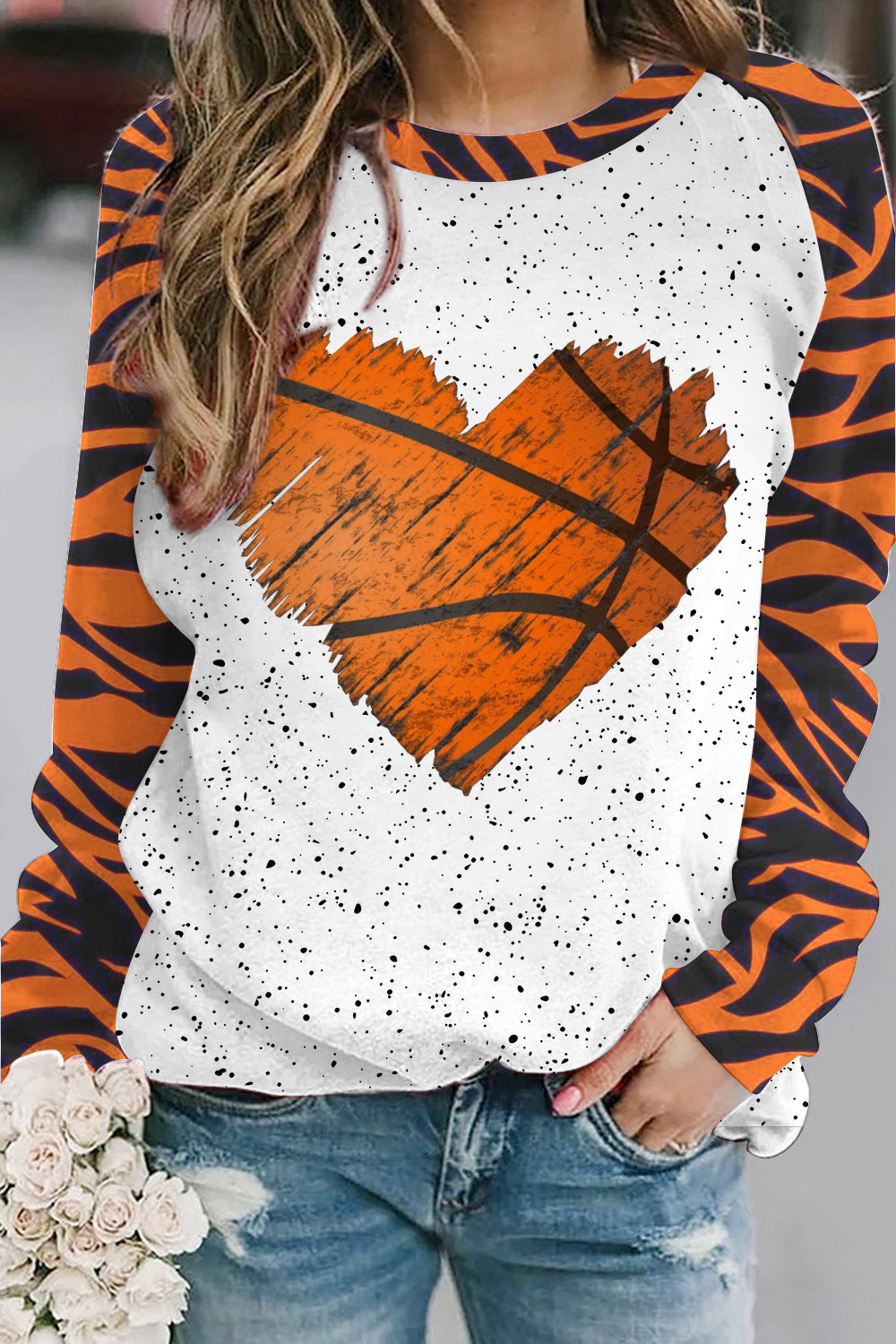 Heart-Shaped Basketball Mom Polka Splatter Tiger Stripe Sweatshirt