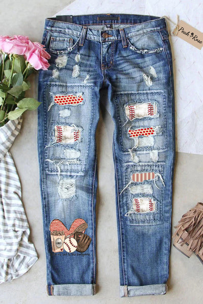 Take Me Out To The Ballgame  Baseball Printed Ripped Denim Jeans