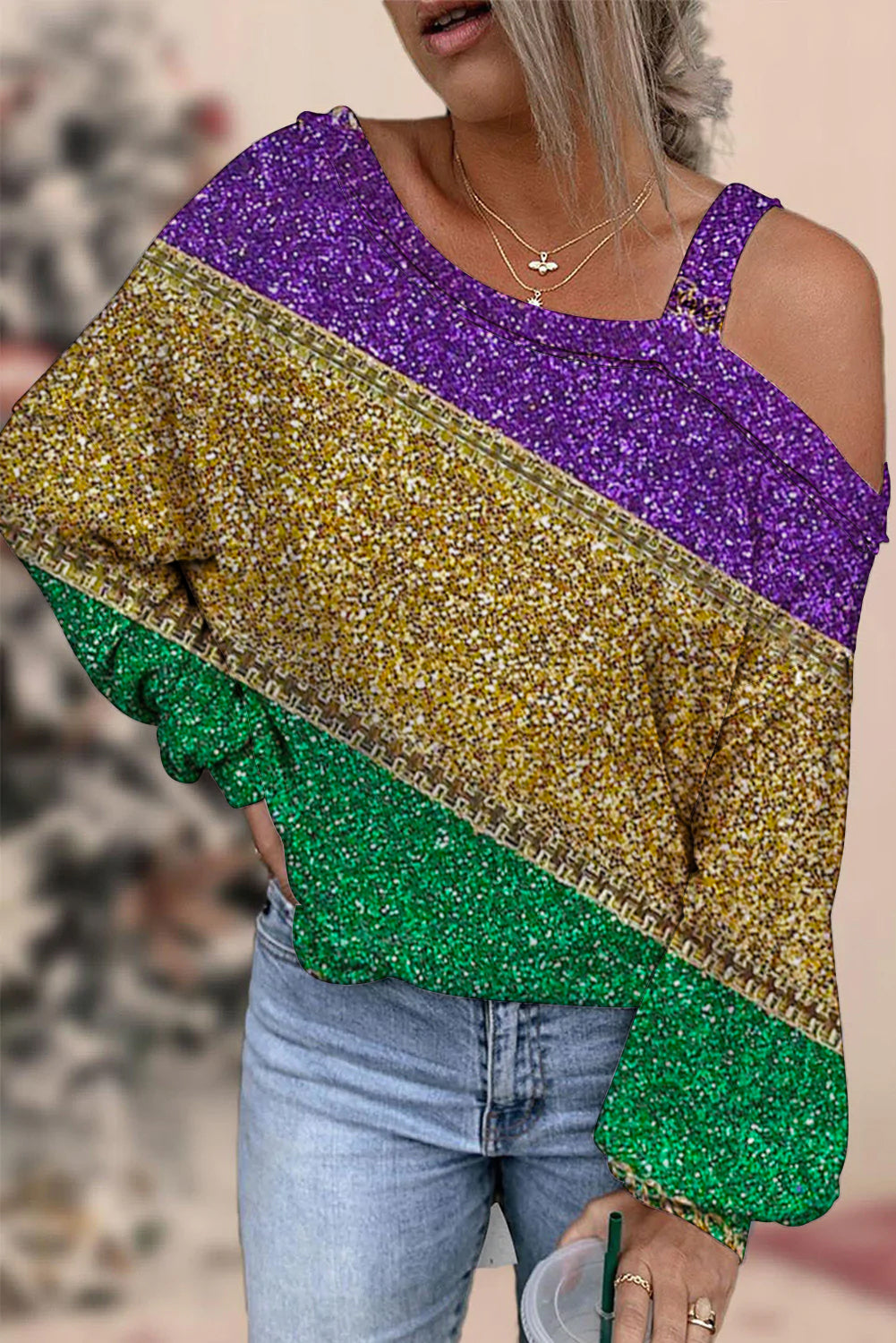 Retro Mardi Gras Carnival Purple Green And Gold Color Block Glitz Print Off-Shoulder Blouse