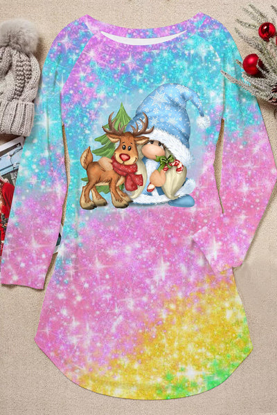 Christmas Gnome Deer Ombre Glitter Loose Tunic