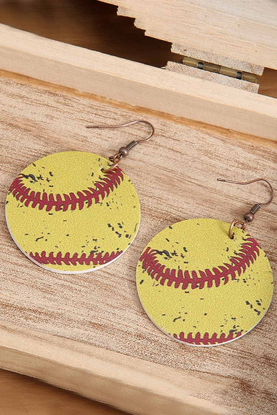 Softball Style Wooden Round Earrings