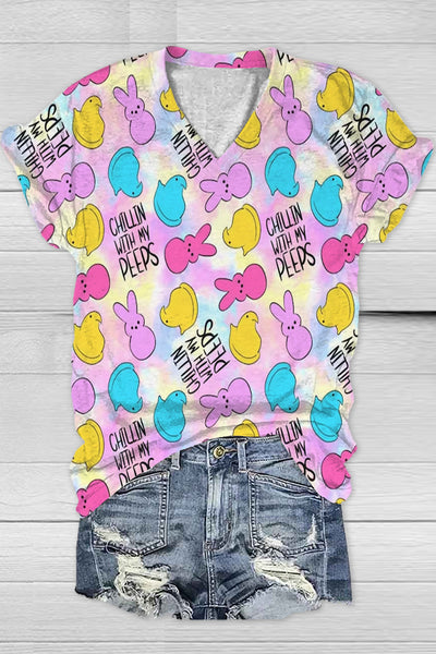 Chilling With My Peeps Easter Bunnies Marshmallows Printed V Neck T-shirt