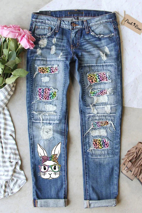 Rainbow Leopard Easter Bunny With Glasses Bleached Print Denim Jeans