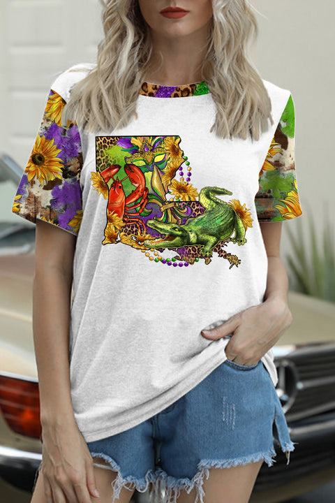 Louisiana Map With Mardi Gras Crocodile Crawfish Western Sunflower Leopard Print T-Shirt