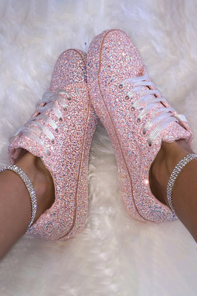 Pink Sequins Laced Up Shoes Sneakers