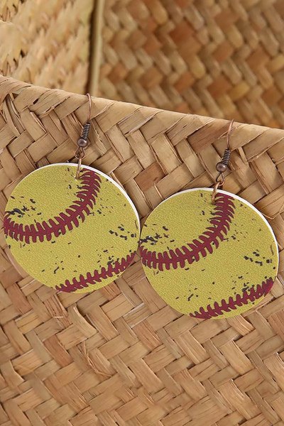 Softball Style Wooden Round Earrings