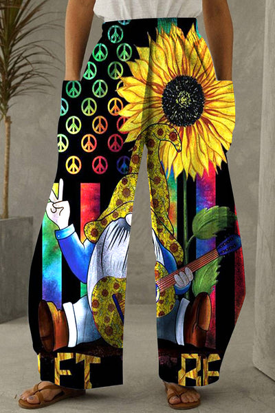 Peace And Sunflower Gnome Hippie Art Loose Pockets Pant