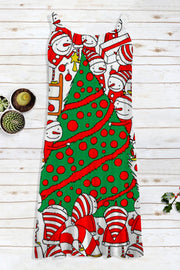 Retro Vintage Christmas Tree Snowman Print Sleeveless Dress