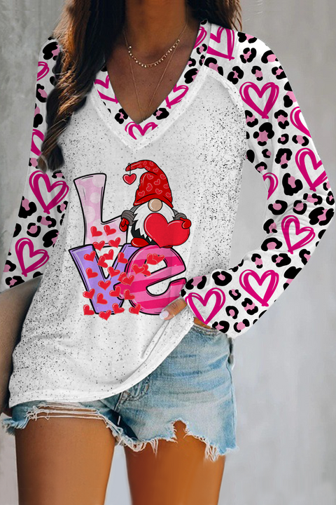 Love Cute Gnomies Leopard Pattern V-neck Long Sleeve Tee