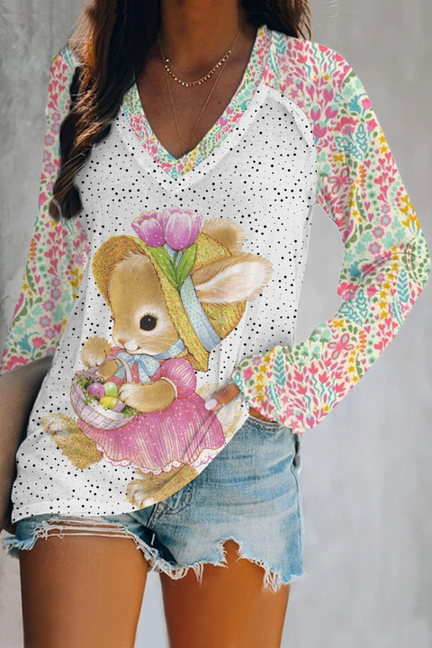 Happy Easter Bunny With An Easter Egg Basket Pattern V-neck Long Sleeve Tee