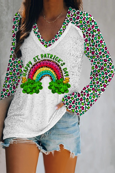 Rainbow and Shamrock Happy St Patricks Day Leopard Pattern V-neck Long Sleeve Tee