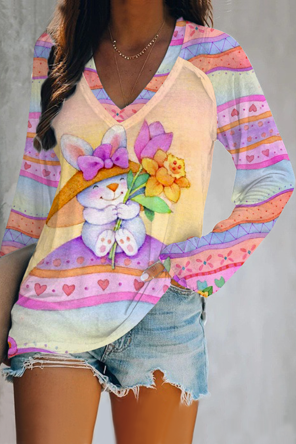 Happy Easter Bunny Sit On Colorful Easter Egg Pattern V-neck Long Sleeve Tee