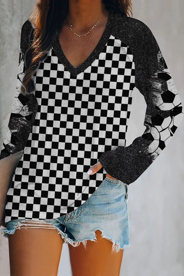 Checkerboard Graphic & Soccer Pattern V Neck Short Sleeve T-shirt