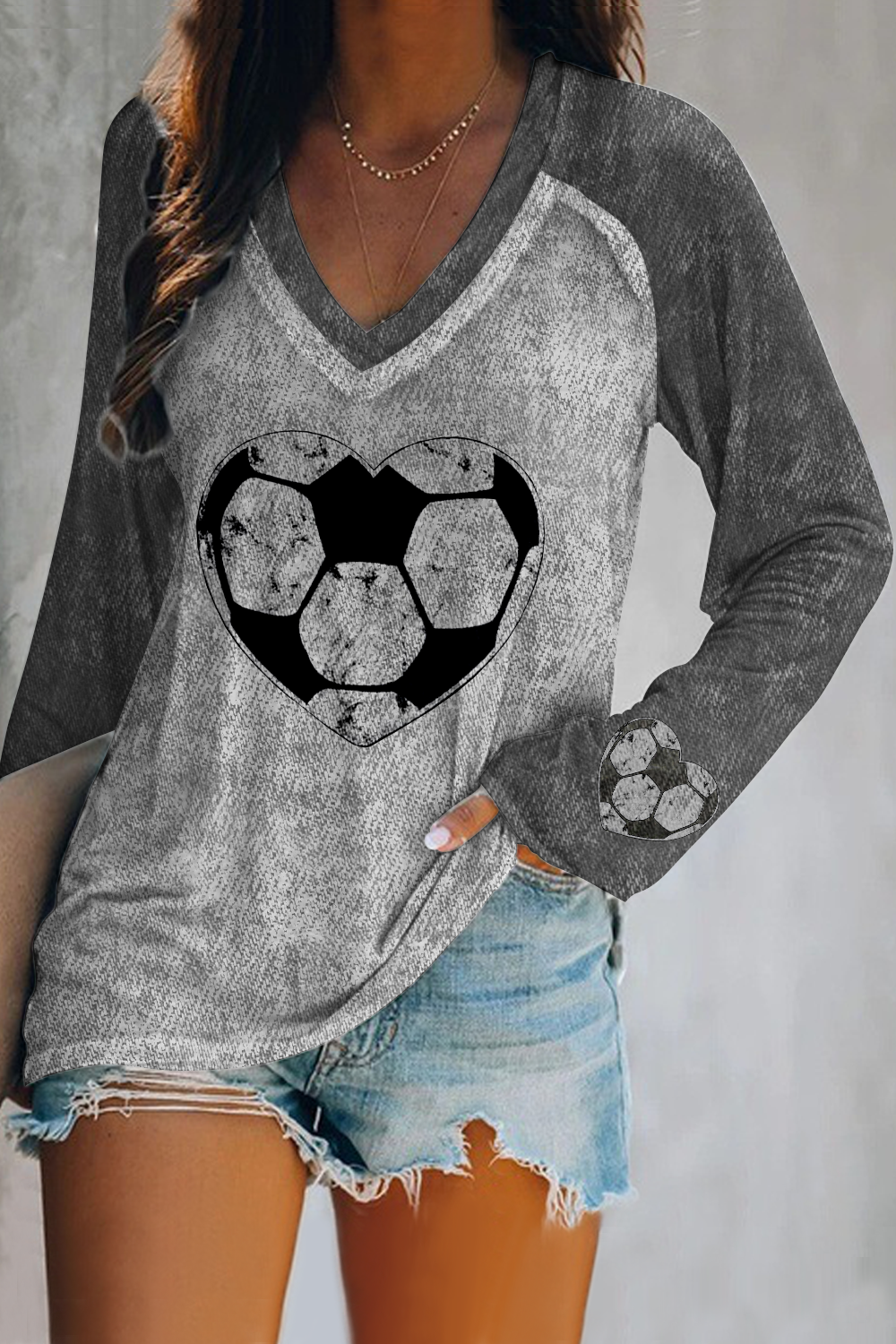 Game Day Retro Love Heart Soccer Print V Neck Short Sleeve T-shirt