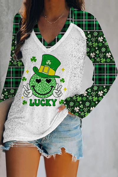 Shamrocks Smiling Face Lucky Happy St Patricks Leopard Glitter V-neck Long Sleeve Tee