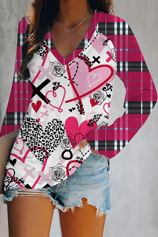 Love Leopard Plaid Graffiti Pattern V-neck Long Sleeve Tee