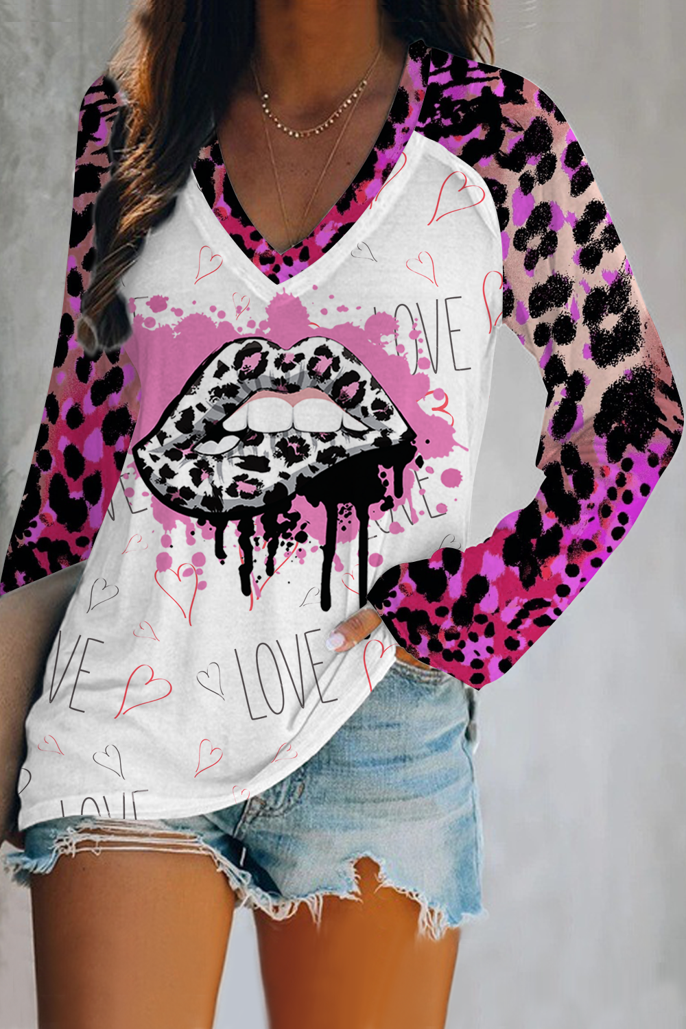 Pink Leopard Print Lips V-neck Long Sleeve Tee