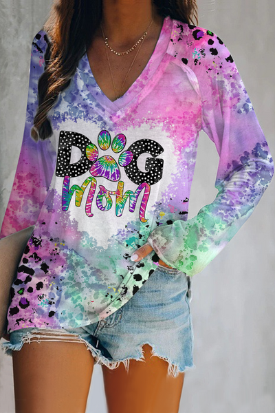 Dog Mom Colorful Tie-dye Paw Leopard Print V-neck Long Sleeve Tee