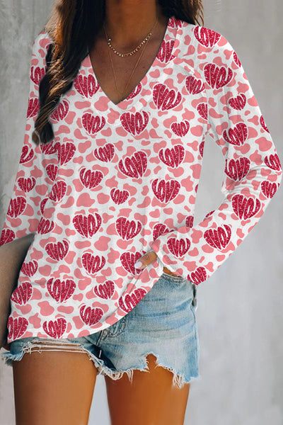 Leopard V-neck Love Heart Long Sleeve Tee