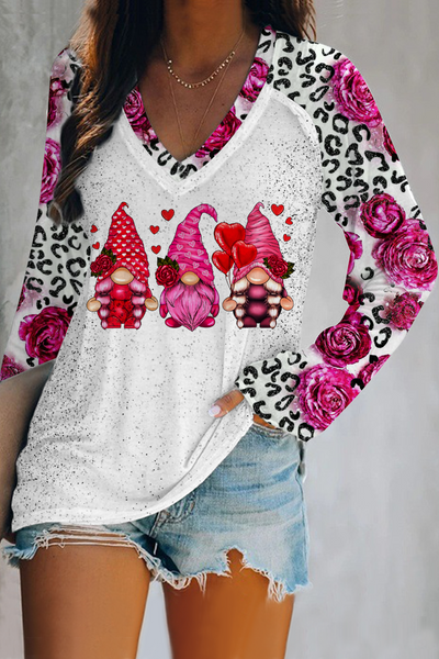 Day Cute Gnomies Red Rose Leopard Pattern V-neck Long Sleeve Tee