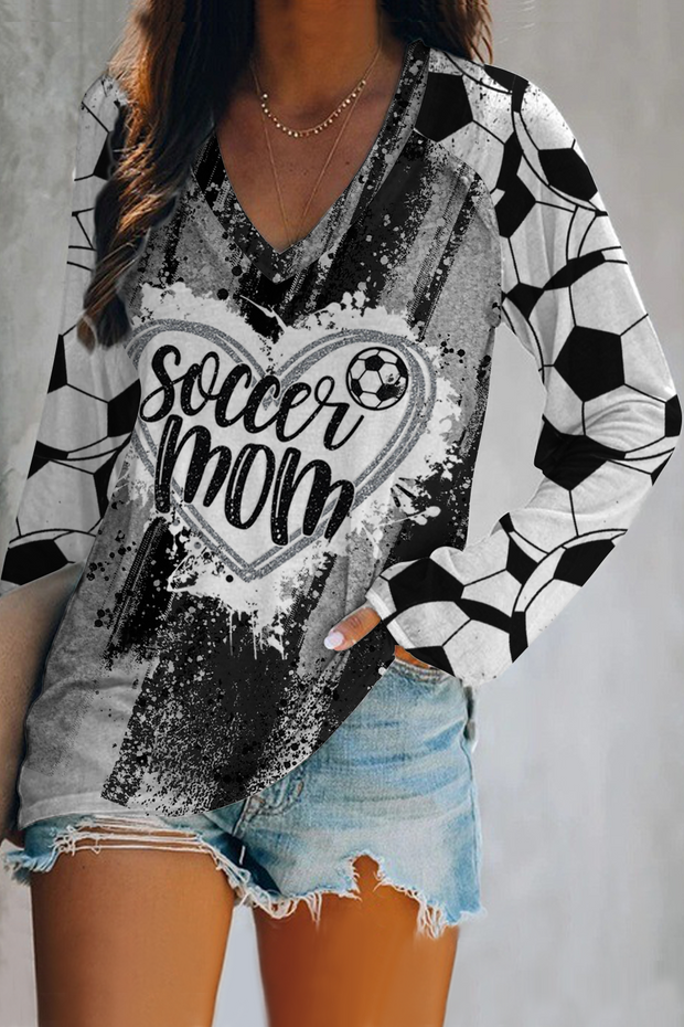 Game Day Soccer Mom Glitter Heart Pattern V-neck Long Sleeve Tee