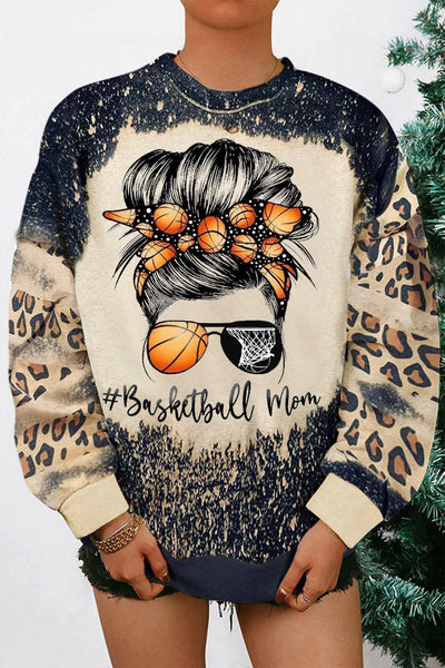 Leopard Basketball Mom Messy Bun Bleached Sweatshirt