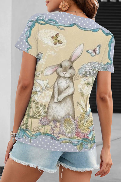 The Little Gray Rabbit In The Flowers Standing Bunny O Neck T-shirt