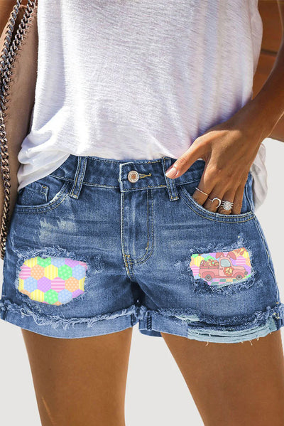 Happy Easter Egg Geometric Mosaic Cute Rabbit Truck Denim Shorts