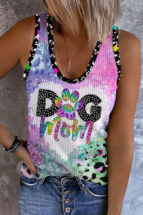 Dog Mom Colorful Tie-dye Paw Leopard Print V-Neck Tank Top