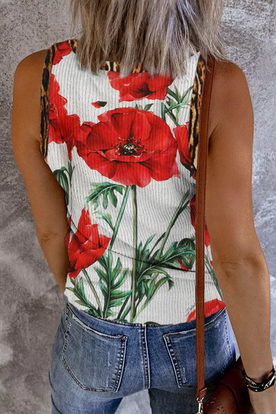 Women's Red Roman Red Poppy Print V-Neck Tank Top