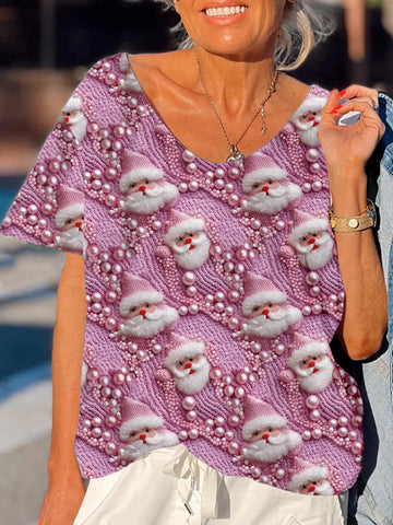 Women's Loose Beaded Santa Print T-Shirt
