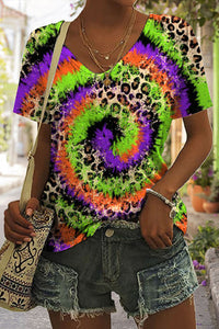 Mardi Gras Leopard Neon Green& Purple&Yellow Spiral Tie Dye T-shirt