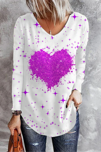 Purple Glitter Heart V Neck Long Sleeve T-Shirt