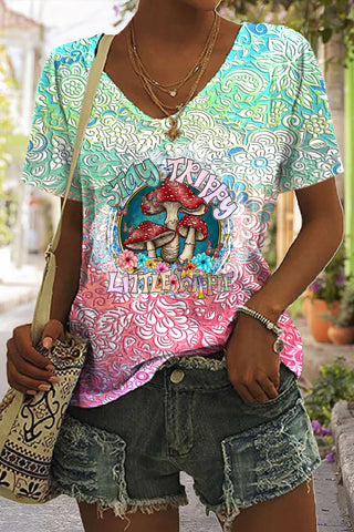 Stay Trippy Little Hippie Soul Flowers Boho Print V Neck T-shirt