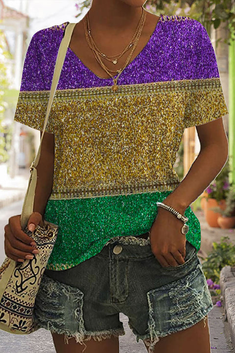 Retro Mardi Gras Carnival Purple Green And Gold Color Block Glitz Print V Neck Short Sleeve T-shirt