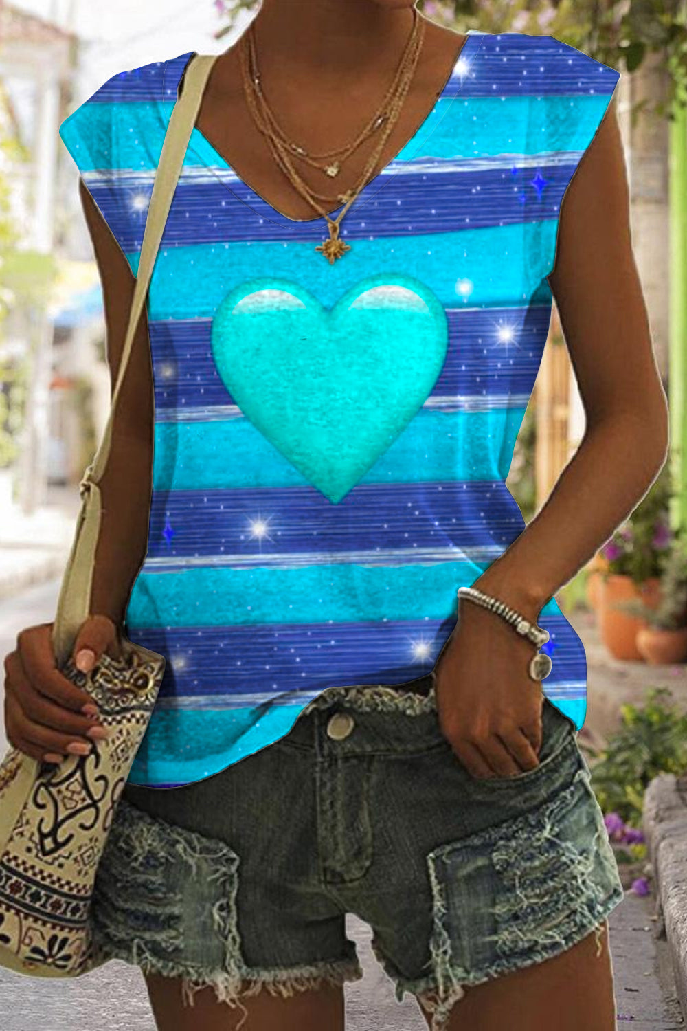 Glitter Heart Sparkles Blue Striped Print Tank Top