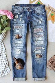 Purple Vintage  Flowers Easter 3D Cute Bunny Printed Ripped Denim Jeans