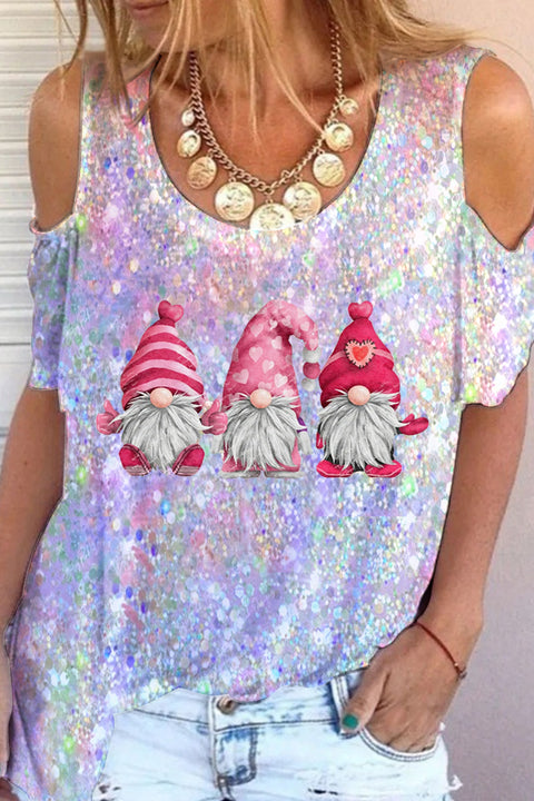 Pink Gnomes Glitter Print Cold Shoulder T-Shirt