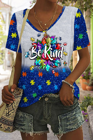 Be Kind Autism Awareness Print V-neck T-shirt