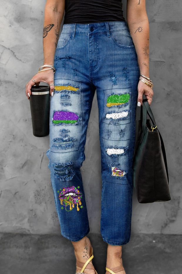 Mardi Gras Polka Western Lips Fleur De Lis Ripped Denim Jeans