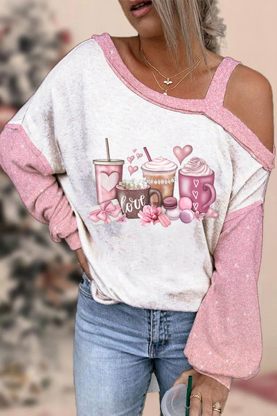 Coffee Valentine Lover Print Strapless Off-Shoulder Long-Sleeved Blouse